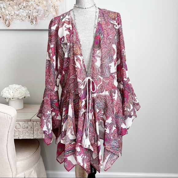 Wrangler Tops - Wrangler Floral Paisley Asymmetrical Flounce Sleeve Kimono Cover Up Top L
